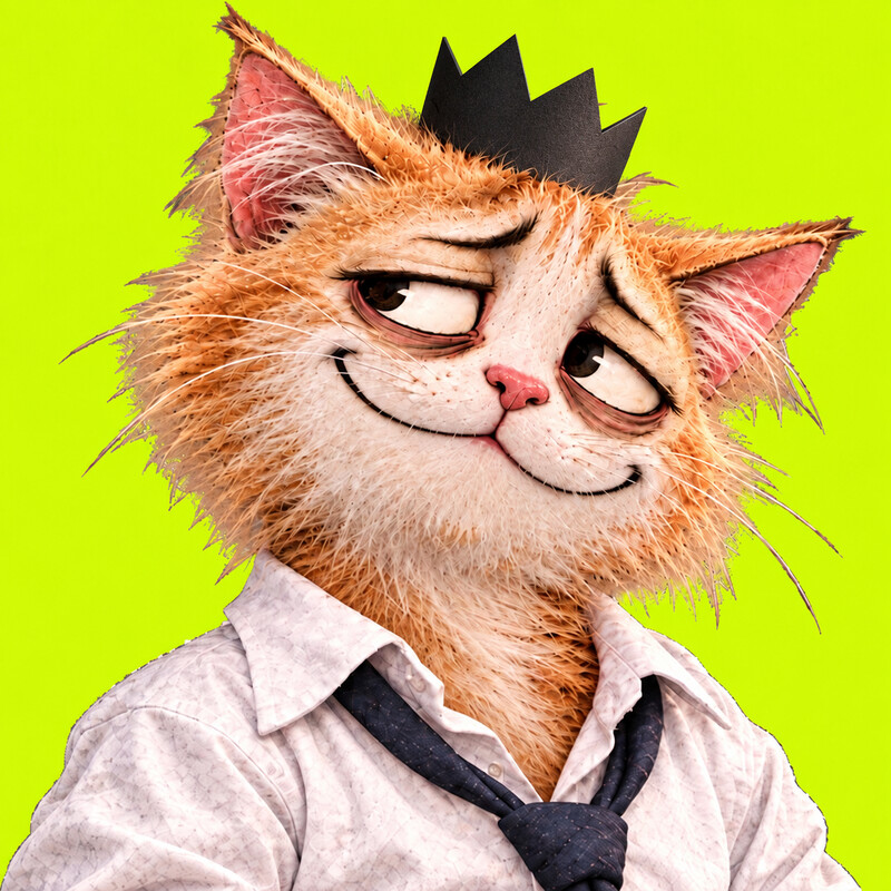 CUCKCAT's orange cat mascot wearing a black paper crown