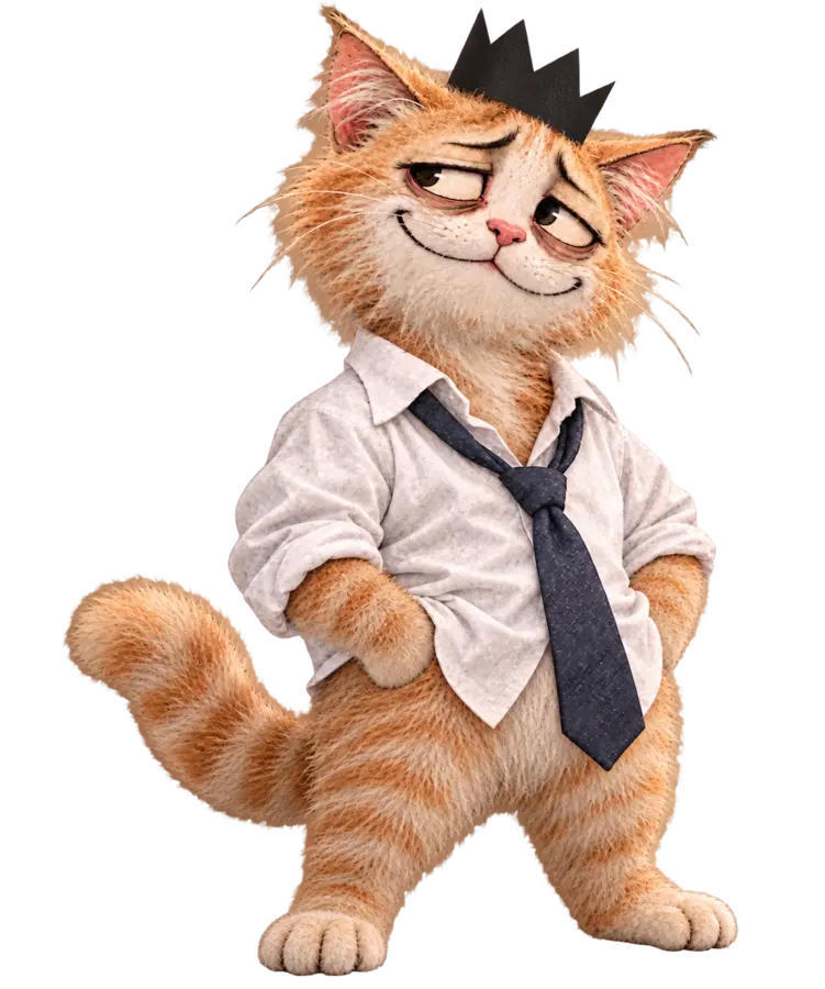 CUCKCAT, a scruffy orange cat in a shirt, tie and black paper crown